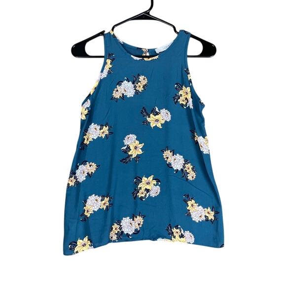 LOFT Womens Tank Top Blue White Floral Petite Crew Neck Keyhole Back XXSP - Picture 1 of 12
